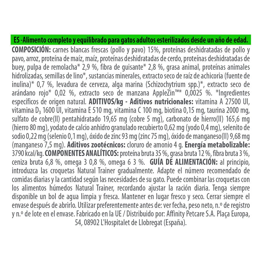 3 kg Natural Trainer Sterilised pienso para gatos, , large indicador imagen numero 3