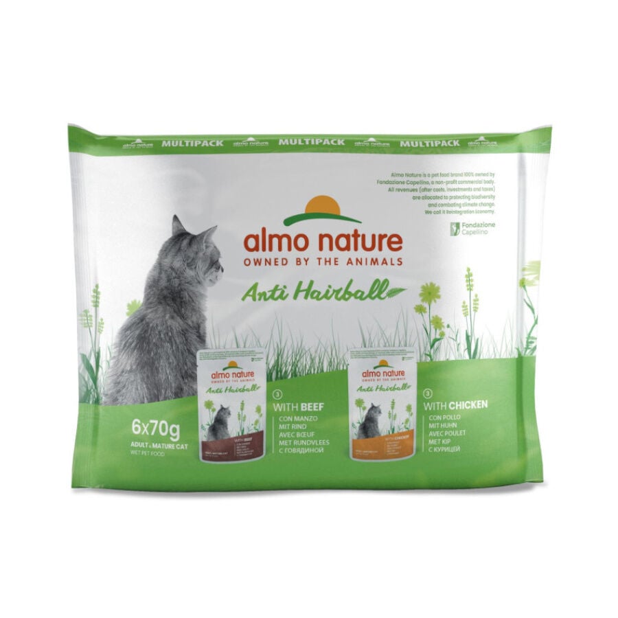 6 sobres x 70 g Almo Nature Anti Hairball Buey y Pollo sobre para gatos &ndash; Multipack, , large indicador imagen numero 1