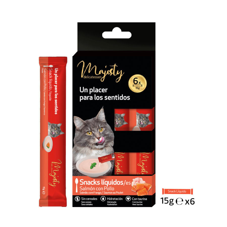 6 sobres x 15 g Majesty Salm&oacute;n con Pollo snack l&iacute;quido para gatos, , large Imagen numero 1