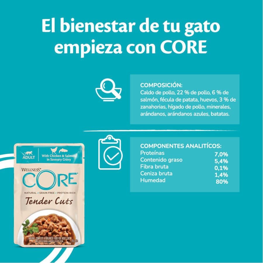 85 g Wellness Core Tender Cuts pollo y salm&oacute;n sobre en salsa para gatos, , large Imagen numero 4