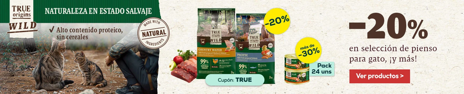 True Origins Wild: -40% en la 2&ordf; unidad en selecci&oacute;n de pienso para gato, -33% en selecci&oacute;n de packs de comida h&uacute;meda
